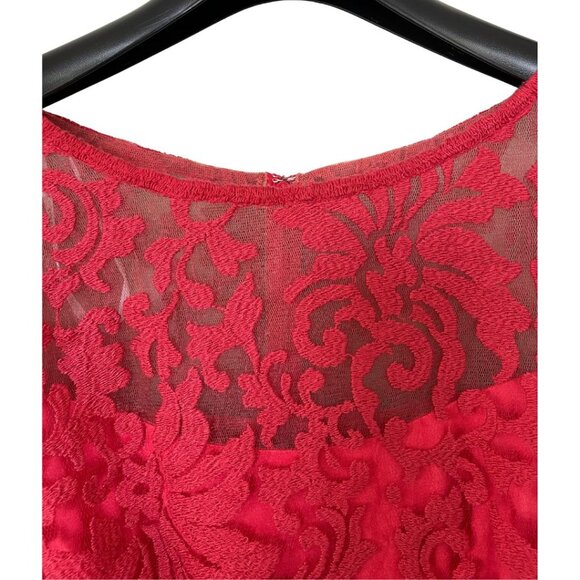 Tadashi Shoji Red Blouson Waist Sheer Embroidered Lace Dress Sz 12 Holiday - Picture 5 of 13